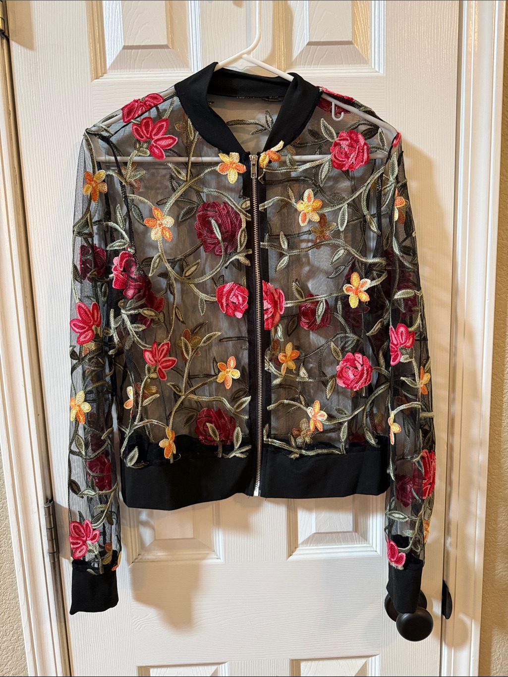 Floral Embroidered Sheer Bomber Jacket - Black With Pink & Yellow Flowers Sz L